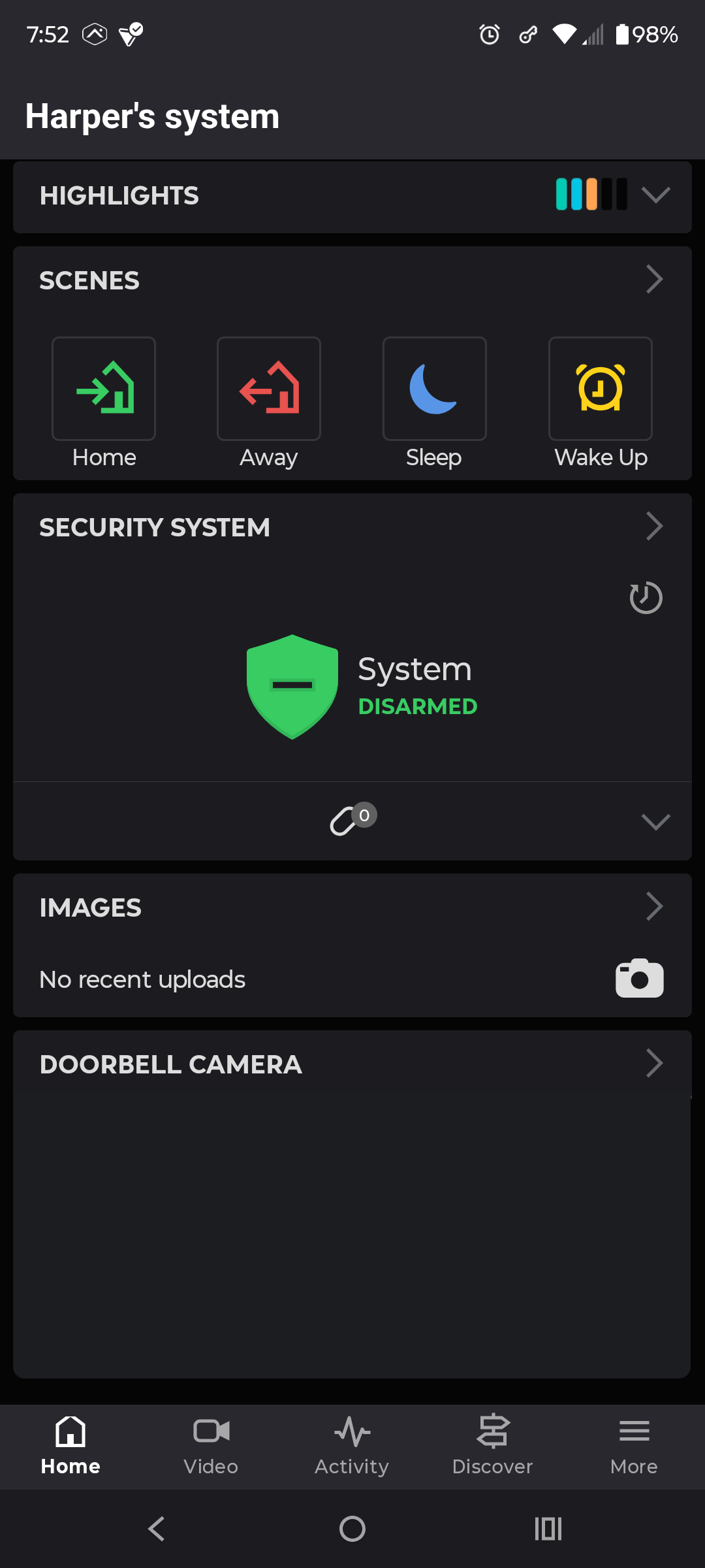 Alarm.com app home screen